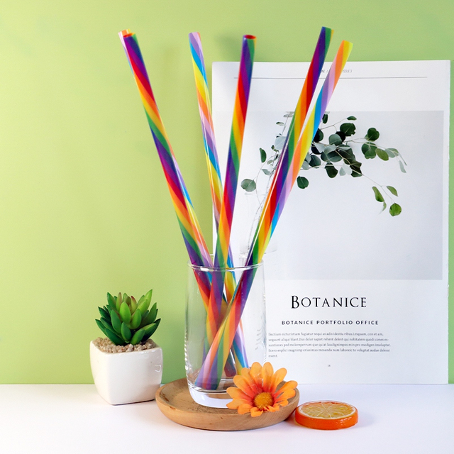 Custom Reusable Eco-Friendly PP Plastic Colorful Stripes Drinking Straws, Customized Rainbow Threaded Design, 10 mm, 12 Inches Accessories