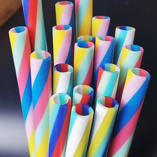 Custom Reusable Eco-Friendly PP Plastic Colorful Stripes Drinking Straws, Customized Rainbow Threaded Design, 10 mm, 12 Inches Accessories